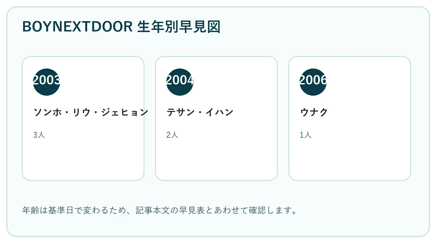 BOYNEXTDOORメンバー6人の生年を2003年、2004年、2006年に分けたKPOPLOGオリジナル早見図